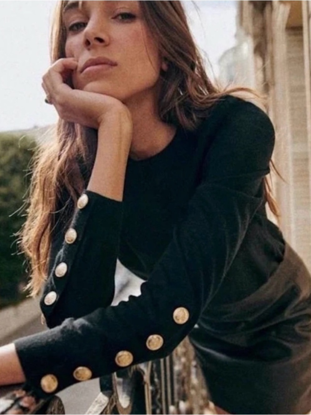 Sezane Black Sweater with Gold Button Detail